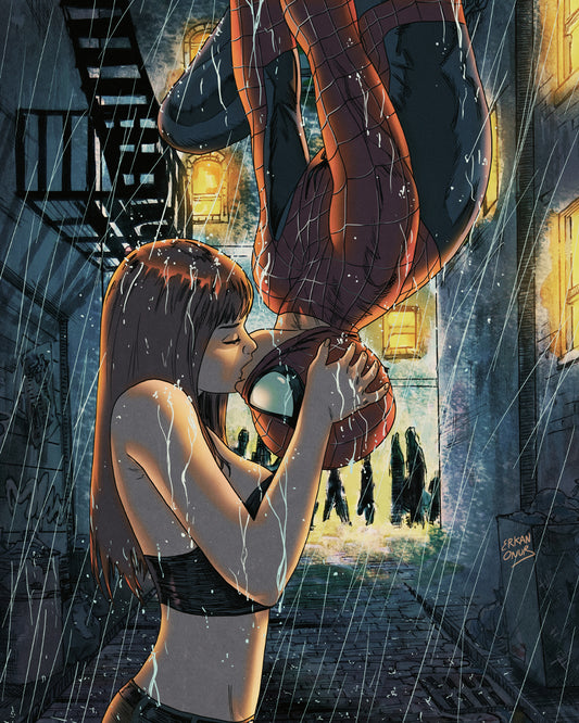 Spider-Man and MJ kissing in the rain art print on  enhanced matte museum quality art paper.